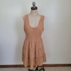 NWT New In M Linen Blend Smocked Tiered Fairycore Mini Dress Mocha Summer Beach